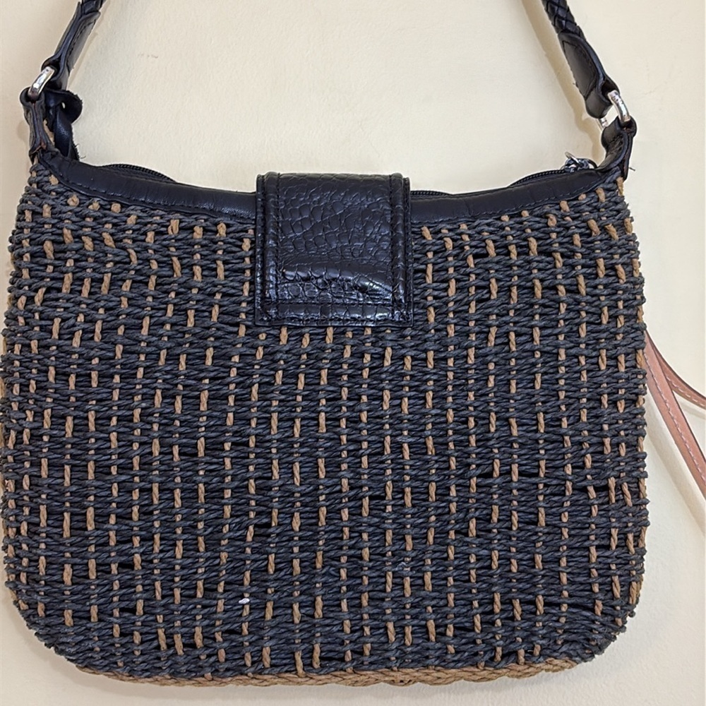 Brighton | Black Brown Woven Leather Trim Zip Top Magnetic Flap Shoulder Bag - Picture 8 of 13